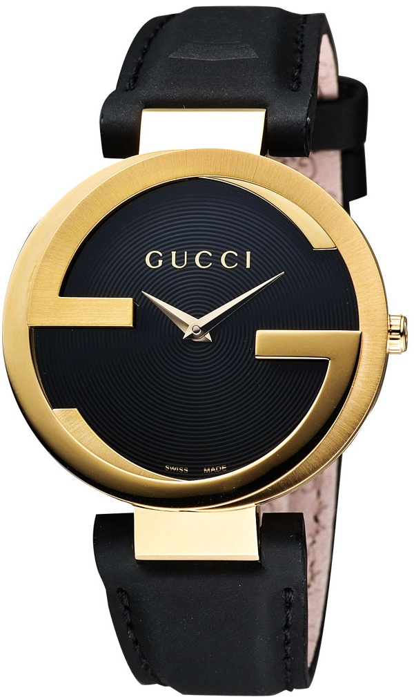 INTERLOCKING GRANDE QUARTZ 37MM PVD / GOLD BLACK LEATHER