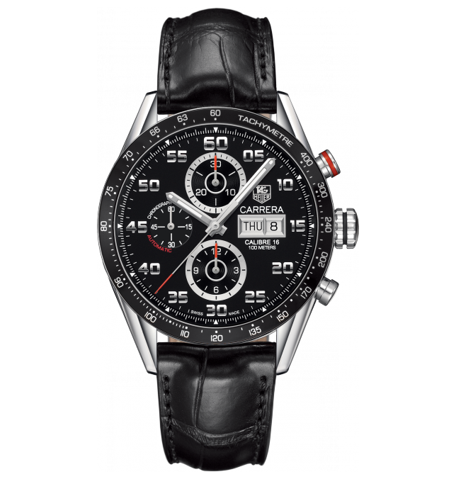 CARRERA CALIBRE 16 DAY DATE CHRONOGRAPH AUTOMATIC 43MM STEEL BLACK LEATHER